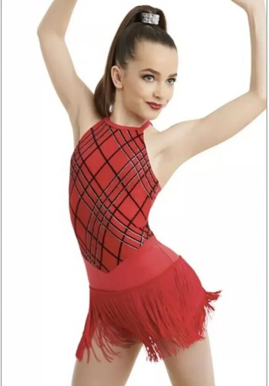 Weissman Girls Red Halter Dance Leotard Fringe Detail  Size MC 10/12